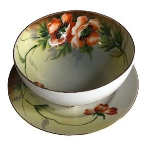 Chikaramachi Hand Painted Porcelain Bowl Saucer Set‎ Orange Poppy Floral Japan